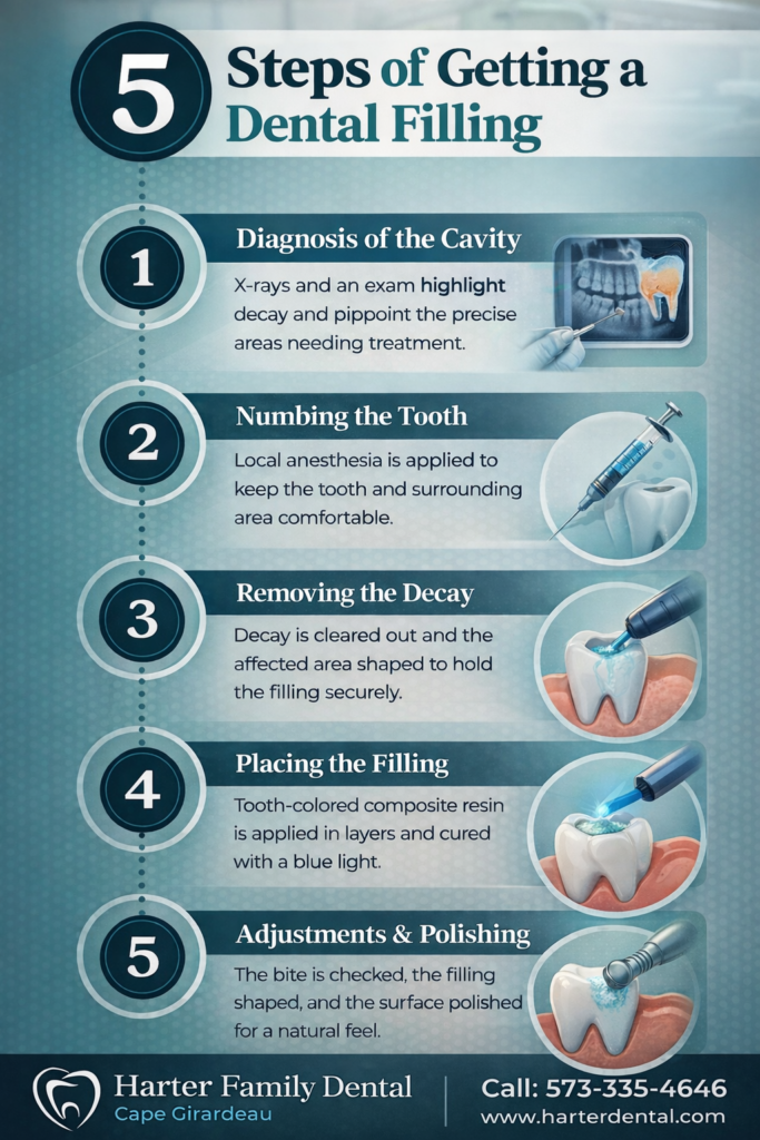 Infographic showing the dental fillings process in cape girardeau