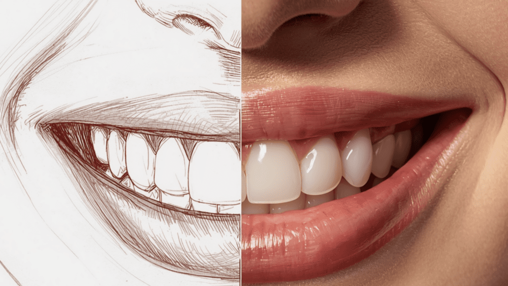 A split-screen "before and after" style image showing a hand-drawn artistic smile design sketch next to a final, polished porcelain veneer result