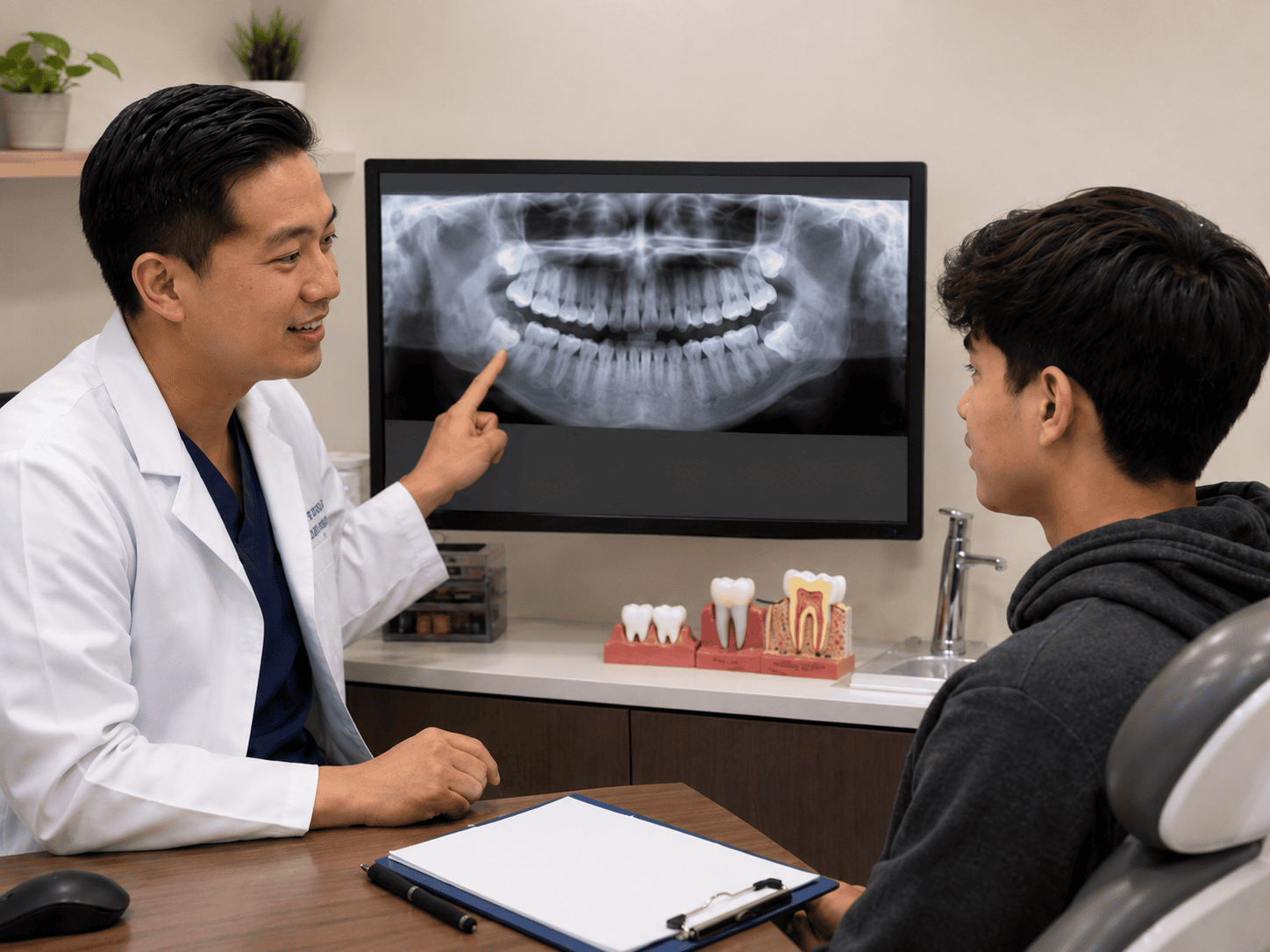 Family dentist reviewing a panoramic X-ray with a teenage patient to evaluate developing wisdom teeth and discuss whether wisdom tooth extraction is recommended.
